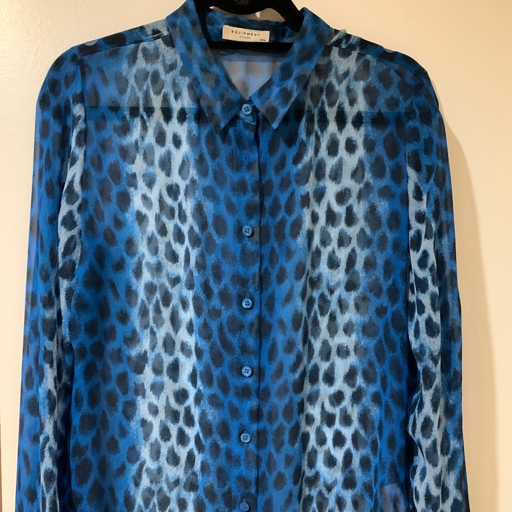 Equipment Blue Leopard Print Silk Chiffon Blouse